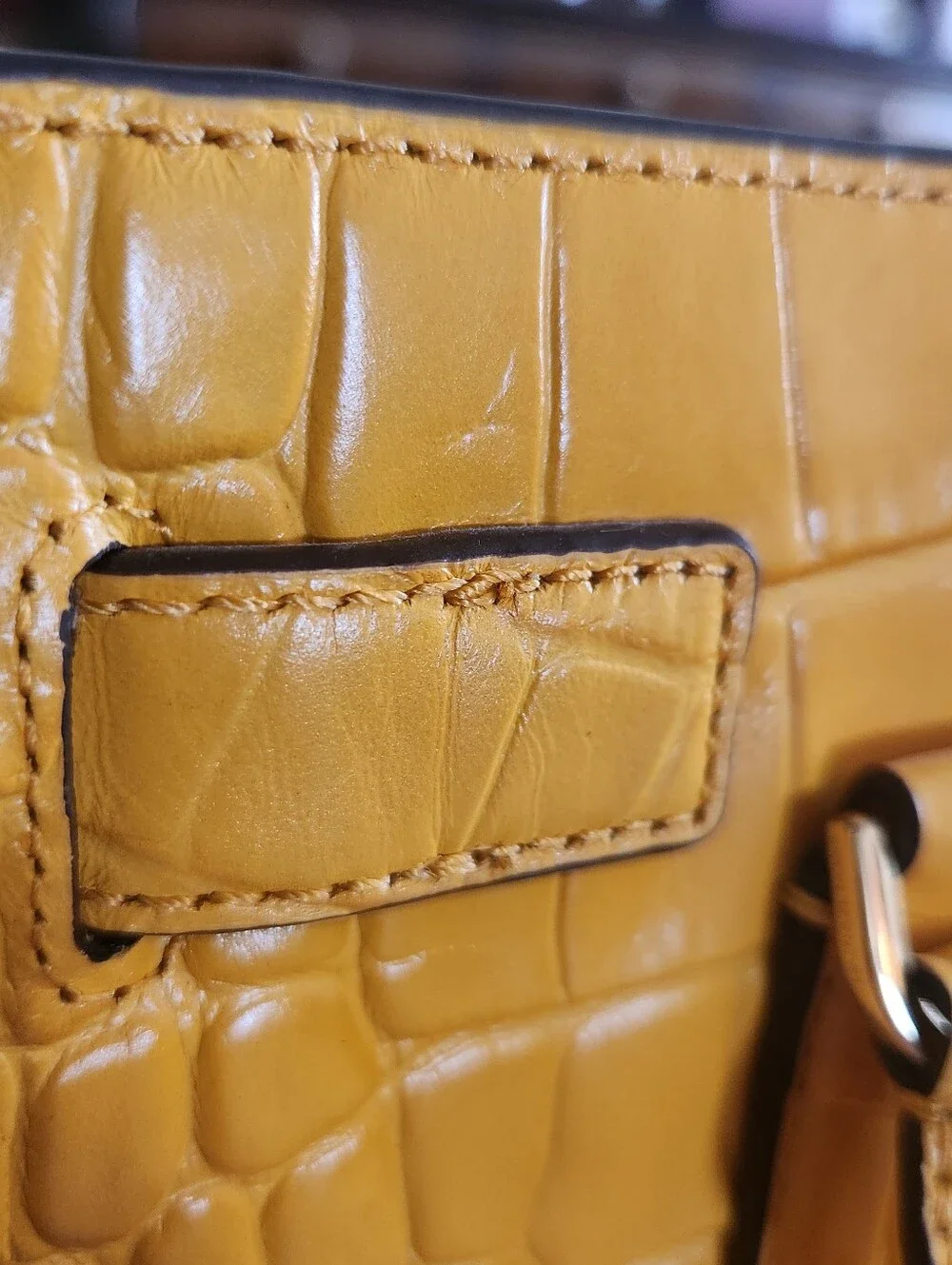 Michael Kors Yellow Croc-Embossed Satchel with MK Charm and Several Compartments - Picture 7 of 10